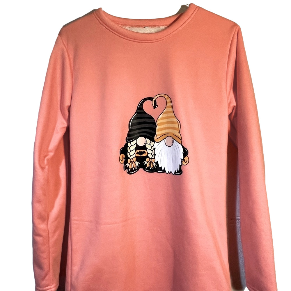 Peach Sherpa Long Sleeve Sweatshirt Cozy Fall Gnome Print Pullover Fleece Top S